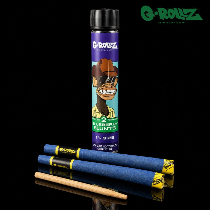 Tube G-ROLLZ Blue Ape Blueberry avec deux blunts bleus pré-roulés format 1¼ et stick de tassage